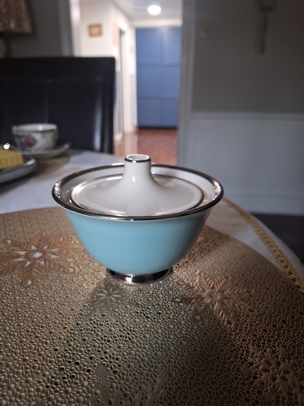 Taylor Smith&Taylor Sugar Bowl with Lid - Blue and White with Silver Trim